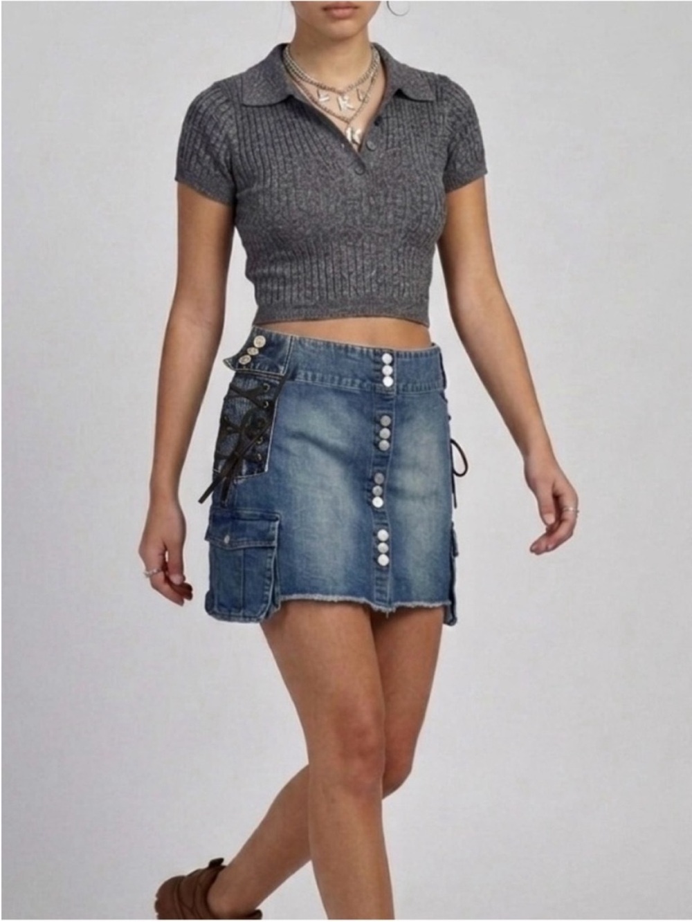 Y2K Request "Destiny" Lace-Up Cargo Denim Mini Skirt Size 15